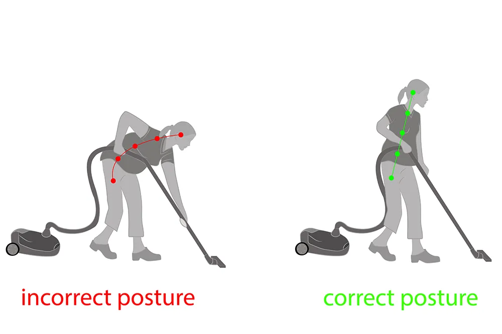 Richtige Haltung während der Reinigung. Vektor-Illustration